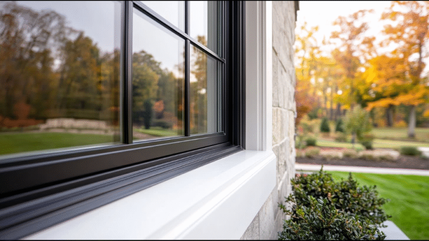 Close-up of a modern black-framed window with a clean white trim on a stone a premium finish option recommended by top home improvement companies in Mount Pleasant, PA to boost curb appeal.