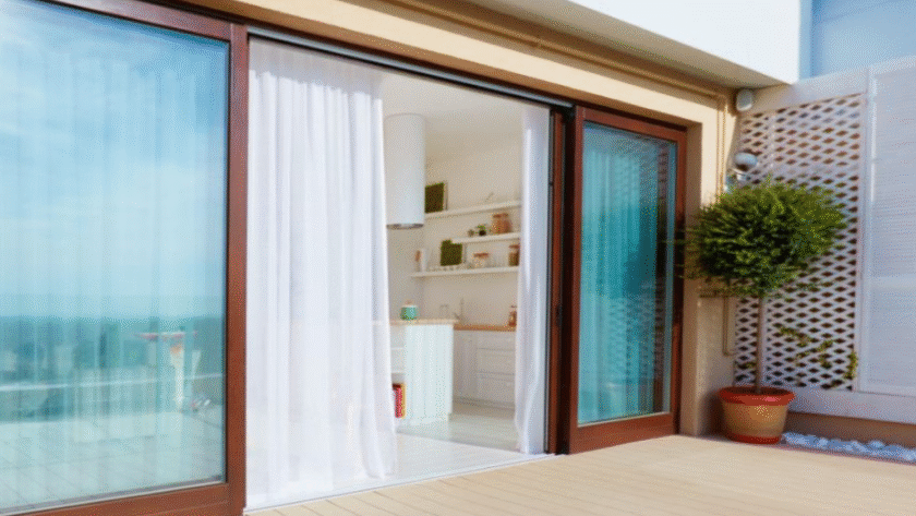 Modern sliding glass doors creating a seamless indoor-outdoor transition on a sunlit deck ideal for homeowners seeking home improvement services in Mount Pleasant, PA or nearby areas.