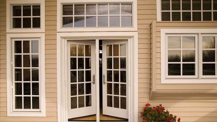Elegant French doors and matching multi-pane windows complementing a modern home exterior a stylish upgrade by top-rated home improvement companies near Mount Pleasant, PA.