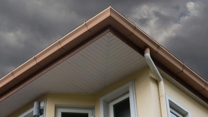 Close-up of a home’s roofing, gutters, and modern windows under stormy skies showcasing weather-resistant upgrades by top home improvement companies in Mount Pleasant, PA