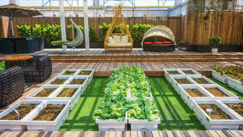 "Modern rooftop garden installation by a home improvement company in PA featuring raised vegetable beds, stylish outdoor seating, and lush greenery – a perfect example of home improvement in Mount Pleasant, PA."