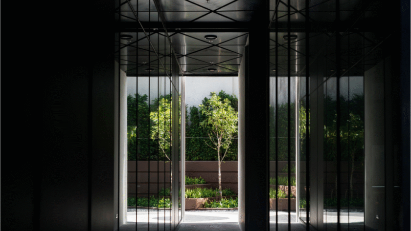 "Modern hallway design with glass walls and ceiling lights, opening to a lush green outdoor space — project by a home improvement company in Mount Pleasant, PA."