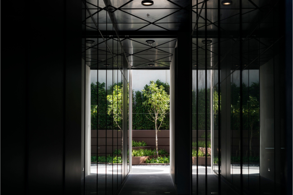 "Modern hallway design with glass walls and ceiling lights, opening to a lush green outdoor space — project by a home improvement company in Mount Pleasant, PA."