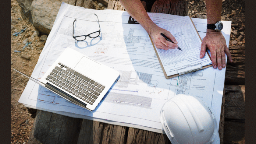 Contractor from a home improvement company in PA reviewing construction plans and filling out a checklist on-site in Mount Pleasant, PA, with a laptop, safety helmet, and architectural drawings.