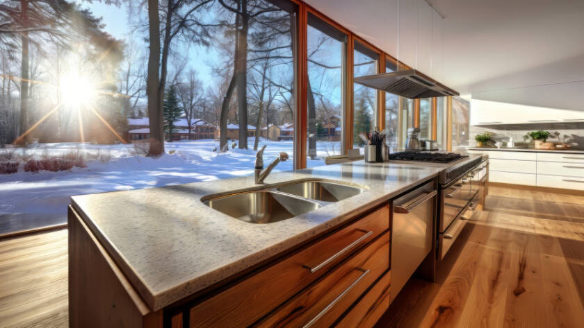A modern kitchen with large windows overlooking a snowy backyard during sunset, showcasing sleek countertops and wooden cabinetry, representing quality home improvement services.